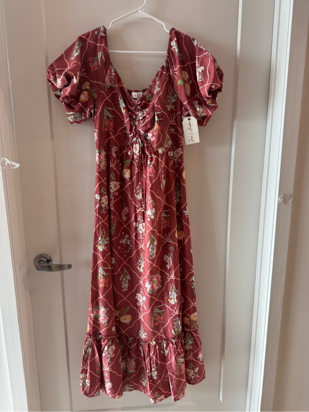 june & hudson Burgundy Floral Puff-Sleeve Midi Dress